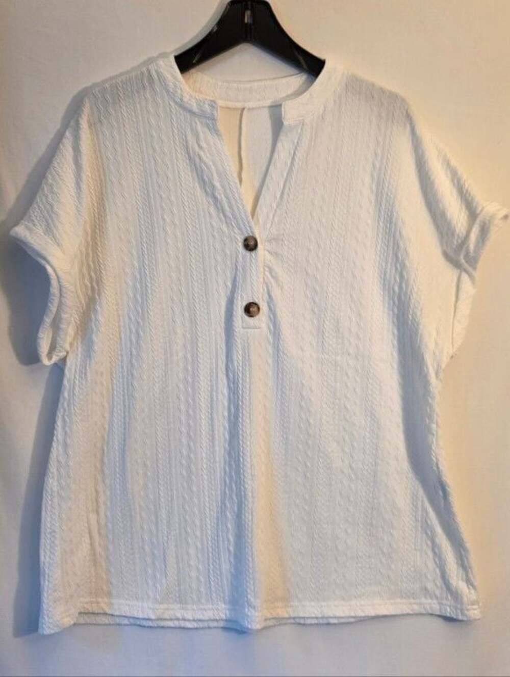 White Short-Sleeve Button Henley Blouse